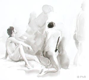 nu, homme, modèle, lavis, encre de chine