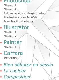 Photoshop Niveau 1 Niveau 2 Retouche et montage photo Photoshop pour le Web Pour les illustrateurs Illustrator Niveau 1 Niveau 2 Painter Niveau 1 Carrara Initiation